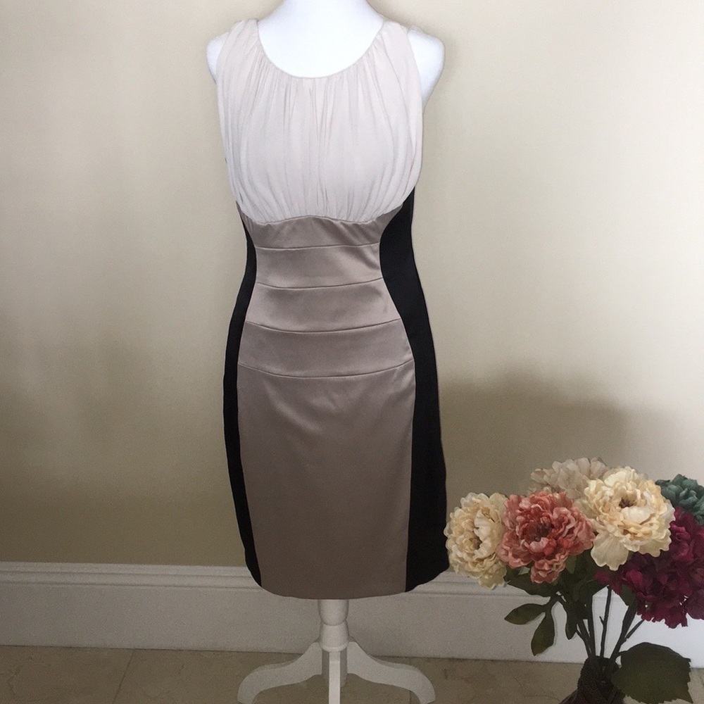 Sleeveless cocktail dress by Chaya. Size 8. Black, cream, and beige .